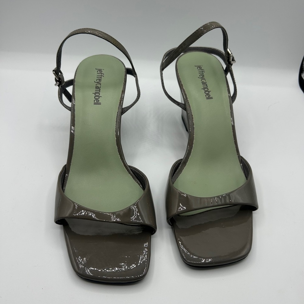 Jeffrey Campbell Entree Taupe Patent Leather Square Toe Wedge Sandals Size 9